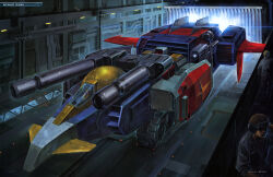 1girl 2boys absurdres artist_request canards cannon caterpillar_tracks core_fighter g-fighter gundam gundam_perfect_file hangar helmet highres launching machinery mass mecha_pilot_suit mobile_suit_gundam multiple_boys official_art realistic sayla science_fiction shield spacecraft starfighter thrusters