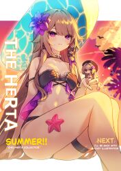 1girl bikini black_bikini black_choker breasts brown_hair character_name cheli_(kso1564) choker cover doll english_text fake_magazine_cover flower from_below hair_flower hair_ornament hair_tie hat herta_(honkai:_star_rail) highres honkai:_star_rail honkai_(series) light_smile long_hair looking_at_viewer magazine_cover medium_breasts purple_eyes purple_flower sitting starfish strap_slip sun_hat swimsuit the_herta_(honkai:_star_rail) thigh_strap very_long_hair x_hair_ornament