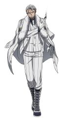 Rule 34 | 1boy, amisaki ryouko, anime coloring, beard, blue boots, boots, closed mouth, collared shirt, facial hair, facial scar, formal clothes, full body, gloves, goatee, grey eyes, grey hair, grey shirt, index finger raised, jacket, looking at viewer, male focus, momoya samidare, necktie, official art, scar, scar across eye, scar on cheek, scar on face, shirt, short hair, sideburns, simple background, solo, standing, striped clothes, striped jacket, striped suit, striped vest, suit, tougen anki, transparent background, v-shaped eyebrows, vest, white gloves, white jacket, white necktie, white suit, white vest