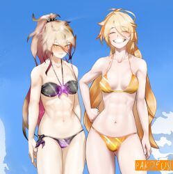 2girls :d bikini black_bikini blonde_hair blue_background breasts clear_sky cloud commission girls&#039;_frontline girls&#039;_frontline_neural_cloud highres inferno_sol_(neural_cloud) looking_at_viewer multiple_girls muscular open_mouth pakdeus ponytail shy sky smile sol_(neural_cloud) swimsuit yellow_bikini yellow_eyes
