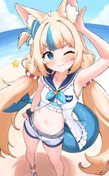 1girl :3 absurdres ahoge animal_ear_fluff animal_ears arm_up armpits beach bikini blonde_hair blue_eyes blue_hair blue_neckerchief blue_sailor_collar blue_sky blush buttons cat_ears collar collarbone commentary dress feet_out_of_frame fins fish_girl fish_tail frilled_dress frills from_above hashtag-only_commentary highleg highleg_bikini highres indie_virtual_youtuber lifebuoy_hair_ornament long_hair low_twintails multicolored_hair navel neckerchief noiriririri one_eye_closed one_side_up outdoors paper_boat sailor_collar sameko_saba sand scrunchie shadow short_shorts shorts sky sleeveless sleeveless_dress smile solo star_(symbol) streaked_hair striped_bikini striped_clothes swimsuit tail thick_eyebrows twintails unbuttoned very_long_hair virtual_youtuber water white_dress white_shorts wrist_scrunchie