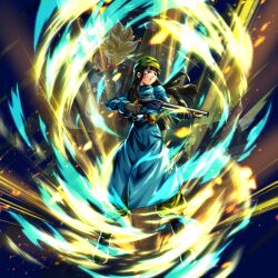 1boy 1girl black_eyes black_hair couple dragon_ball dragon_ball_legends dragon_ball_super gun long_hair mai_(future)_(dragon_ball) military_uniform official_art scratches serious super_saiyan sword trunks_(dragon_ball) trunks_(future)_(dragon_ball) weapon