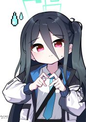 Rule 34 | 1girl, 2023, absurdres, aqua halo, artist name, black hair, black hairband, black jacket, blue archive, blue jacket, blue necktie, chinese commentary, closed mouth, collared shirt, commentary, dated, double-parted bangs, eyes visible through hair, four-finger heart hands, hair between eyes, hairband, halo, heart, heart hands, highres, jacket, kei (blue archive), long bangs, long hair, long hair between eyes, long sidelocks, long sleeves, looking at viewer, multicolored jacket, necktie, one side up, open clothes, open jacket, platinum-mix, puffy long sleeves, puffy sleeves, rectangular halo, red eyes, school uniform, shirt, shirt tucked in, sidelocks, simple background, small sweatdrop, solo, split mouth, sweatdrop, two-sided fabric, two-sided jacket, upper body, very long hair, white background, white jacket, white shirt