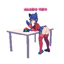 1girl animal_ear_headwear artist_name ass bent_over blue_eyes blue_gloves blue_hair blue_hat blue_shoes blue_skirt commentary cool_mita_(miside) english_commentary fake_animal_ears full_body gloves hand_up hat hat_with_ears heart long_sleeves looking_at_viewer miniskirt miside mita_(miside) newsboy_cap pixel_art red_shirt red_thighhighs shirt shoes sidelocks sim0n404 simple_background skirt solo table thighhighs waving white_background