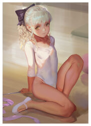 Rule 34 | 1girl, alphonse (white datura), arm support, athletic leotard, bare legs, blonde hair, bow, brown eyes, flat chest, gymnastics, ribbon baton, hair bow, highleg, highleg leotard, highres, leaning back, legs, leotard, long hair, looking at viewer, no socks, original, photoshop (medium), ponytail, rhythmic gymnastics, ribbon, shoes, single shoe, sitting, solo, white hair