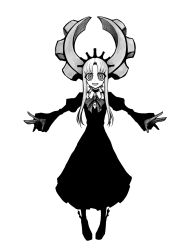 1girl absurdres deus_ex_maki-chan dress full_body gloves greyscale highres horns long_hair looking_at_viewer mechanical_horns monochrome nazo_no_diaboro open_mouth original outstretched_arms ringed_eyes solo spread_arms staring wide-eyed