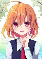 1girl :d absurdres ahoge blue_vest blush collared_shirt commentary_request eyelashes fang hair_between_eyes hand_up heart heart_ahoge highres light_blush long_sleeves looking_at_viewer medium_hair miz_awa necktie open_mouth orange_hair original red_eyes scenery shirt smile solo upper_body v vest watermark white_shirt