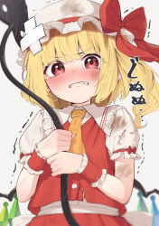 1girl ascot bandaid bandaid_on_head blonde_hair blunt_bangs blush bow clenched_teeth collared_shirt crossed_bandaids defeat dirty dirty_clothes flandre_scarlet frilled_shirt_collar frills gununu_(meme) hat hat_bow highres holding holding_polearm holding_weapon kanpa_(campagne_9) laevatein_(touhou) long_hair looking_at_viewer meme mob_cap pantyhose polearm puffy_short_sleeves puffy_sleeves red_bow red_eyes red_skirt red_vest scratches shirt short_sleeves simple_background skirt skirt_set solo striped_clothes striped_pantyhose tearing_up teeth torn_clothes torn_shirt touhou translated trembling upper_body vertical-striped_clothes vertical-striped_pantyhose vest weapon white_hat wrist_cuffs yellow_ascot