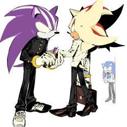 3boys absurdres alternate_costume alternate_form alternate_universe confession darkspine_sonic diamondx1704 furry gakuran gloves highres holding_hands letter love_letter multiple_boys no_eyes school_uniform shadow_the_hedgehog sonic_(series) sonic_and_the_secret_rings sonic_prime sonic_the_hedgehog super_shadow surprised sweatdrop white_background wrist_flower yaoi