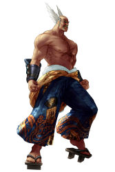 1boy bald blue_hakama crossover facial_hair geta bad_tag bad_tag hakama hakama_skirt head_wings highres japanese_clothes kawano_takuji male_focus mishima_heihachi muscular mustache namco official_art old old_man pointy_hair sandals scar skirt solo soul_calibur soulcalibur soulcalibur_ii tekken topless_male vambraces white_background white_hair wings