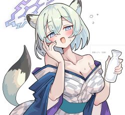 1girl absurdres alcohol animal_ears blue_archive blue_eyes blush bottle breasts cleavage drunk halo happy_jolson highres japanese_clothes kimono medium_breasts sake sake_bottle shigure_(blue_archive) shigure_(hot_spring)_(blue_archive) short_hair simple_background solo tail weasel_ears weasel_girl weasel_tail white_background white_hair