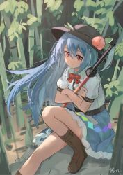 Rule 34 | 1girl, bamboo, black hat, blue hair, blue skirt, boots, bow, bowtie, brown boots, closed mouth, collared shirt, crossed arms, frilled shirt collar, frills, hair between eyes, hat, highres, hinanawi tenshi, holding, holding sword, holding weapon, knees up, long hair, looking at viewer, on rock, peach hat ornament, puffy short sleeves, puffy sleeves, red bow, red bowtie, red eyes, shijiu (shizuoxing), shirt, short sleeves, signature, sitting, skirt, smile, solo, sword, sword of hisou, touhou, very long hair, weapon, white shirt