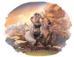 Rule 34 | 1other, 2girls, animal ears, apple, arm guards, arrow (projectile), autumn leaves, basket, border, bow (weapon), braid, chest guard, crop top, dagger, fading border, fingerless gloves, food, fruit, game cg, gloves, hair tie in mouth, high heels, high ponytail, highres, knee guards, knife, leaf, lilywill (sword of convallaria), long hair, midriff, mouth hold, multiple girls, non-web source, official art, open-toe shoes, parted lips, ponytail, quiver, scabbard, sheath, single braid, sitting, sleeveless, solo focus, straight-on, sword of convallaria, tail, transparent border, tying hair, very long hair, weapon, white hair, yellow eyes