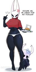 1girl 1other absurdres anger_vein breasts burger ckatnha commentary crop_top crop_top_overhang english_commentary english_text excuse_me_he_asked_for_no_pickles_(meme) food highres holding holding_tray hollow_knight horned_mask hornet_(hollow_knight) index_finger_raised knight_(hollow_knight) large_breasts mask meme no_pants panties sweat thick_thighs thighs tray turtleneck twitter_username underboob underwear white_panties