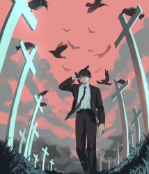 1boy artist_name belt belt_buckle bird black_hair black_jacket black_legwear black_neckwear black_pants black_suit buckle chainsaw_man cloud cloudy_sky collared_shirt crow eyebrows formal_clothes frown grave graveyard grey_eyes hair_between_eyes hayakawa_aki highres jacket long_sleeves lunarelles medium_hair necktie pale_skin pants ponytail shirt shirt_tucked_in sky three-quarter_sleeves suit sword twitter_username walking watermark weapon weapon_on_back white_shirt