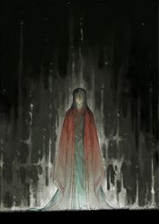 1boy absurdly_long_hair absurdres bandaged_neck bandages black_hair black_hanfu blood chinese_clothes chinese_commentary closed_mouth coat dao_gui_yi_xian facing_viewer full_body hair_between_eyes hanfu highres ji_zai li_huowang long_hair long_sleeves looking_at_viewer low-tied_long_hair male_focus messy_hair red_coat robe shiqi274 sleeves_past_fingers sleeves_past_wrists solo standing very_long_hair very_long_sleeves white_eyes wide_sleeves