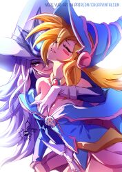 Rule 34 | 2girls, artist name, blonde hair, blue hat, cherry in the sun, closed eyes, dark magician girl, duel monster, gloves, grey hair, groping, hat, multiple girls, parted lips, purple eyes, signature, silent magician, simple background, sketch, smile, white background, white gloves, white hat, wizard hat, yu-gi-oh!, yuri