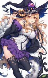 1girl black_hat black_sleeves black_thighhighs blonde_hair breasts brown_eyes daria_(shingeki_no_bahamut) detached_sleeves eye_on_hat hat highres holding holding_wand large_breasts long_hair looking_at_viewer open_mouth pleated_skirt purple_skirt shadowverse shadowverse:_worlds_beyond shirt simple_background skirt sleeveless sleeveless_shirt snm_(sunimi) staff thighhighs underbust wand white_background white_shirt wide_sleeves witch witch_hat zettai_ryouiki