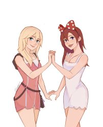 2girls bare_arms bare_shoulders blonde_hair blue_eyes bow breasts cosplay costume_switch cowboy_shot dress hair_between_eyes hair_bow hairband highres holding_hands hood hood_down kairi_(kingdom_hearts) kairi_(kingdom_hearts)_(cosplay) kingdom_hearts kingdom_hearts_ii long_hair looking_at_viewer medium_breasts multiple_girls namine namine_(cosplay) open_mouth pink_dress polka_dot polka_dot_bow red_bow red_hair short_dress sleeveless sleeveless_dress smile twitter_username vanekairi white_background white_dress