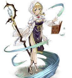 1girl absurdres black_choker blonde_hair blue_eyes book braid breasts choker cleavage commentary_request fantasy floating full_body gem grimoire hair_between_eyes high_heels highres holding holding_staff hooded_robe levitation looking_at_viewer mage_staff magic original robe side_braid simple_background solo staff strappy_heels tabard tile_floor tiles white_background white_hood white_robe yunekoko