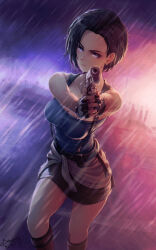 1girl absurdres aiming andreas_meidy black_gloves black_skirt blue_tube_top breasts brown_hair clothes_around_waist fingerless_gloves gloves gun highres holding holding_gun holding_weapon jill_valentine miniskirt resident_evil resident_evil_3:_nemesis short_hair skirt strapless sweater sweater_around_waist tube_top weapon