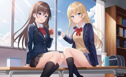 2girls bag black_skirt black_socks blazer blonde_hair blue_eyes blue_jacket blue_sky blush book bookshelf bow bowtie breasts brown_hair cardigan cloud collared_shirt cup dated desk holding holding_cup jacket kneehighs large_breasts long_hair long_sleeves looking_at_viewer multiple_girls nicoli3141 on_desk original red_bow red_bowtie school_bag school_uniform shirt sitting skirt sky smile socks thighs white_shirt window