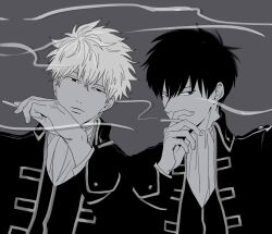2boys arm_up ascot cigarette closed_mouth collared_jacket commentary_request ghqjyu gintama grey_background greyscale hijikata_toushirou holding holding_cigarette jacket long_sleeves looking_at_viewer looking_to_the_side male_focus monochrome multiple_boys open_clothes open_jacket sakata_gintoki short_hair side-by-side sideways_glance sleeve_cuffs smoke smoke_trail smoking upper_body wing_collar
