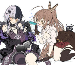 2girls black_choker black_coat black_dress black_hair black_nails black_thighhighs book breasts brown_corset brown_eyes brown_gloves brown_hair choker cleavage closed_mouth coat corset dress feather_hair_ornament feathers fur-trimmed_coat fur_trim gloves grey_hair hair_ornament highres holding holding_book hololive hololive_english large_breasts light_blush medium_breasts multicolored_hair multiple_girls nanashi_mumei nanashi_mumei_(1st_costume) open_mouth overwatch partially_fingerless_gloves ponytail reading red_skirt shiori_novella shiori_novella_(1st_costume) shirt single_thighhigh skirt split-color_hair streaked_hair striped_clothes striped_thighhighs taka_t thighhighs virtual_youtuber white_hair white_shirt yellow_eyes yorick_(shiori_novella)
