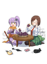 2girls :t armor black_undershirt blush breasts brown_eyes brown_hair chabudai_(table) collared_shirt earrings fingerless_gloves food full_body glasses gloves green_skirt hair_ornament hairclip hand_on_own_face holding holding_food hundredburger japanese_armor japanese_clothes jewelry kimono koga_konoha kote kunai kusagakure_satoko large_breasts long_scarf long_sleeves looking_at_viewer multiple_girls necktie ninja ninja_to_koroshiya_no_futarigurashi official_art open_mouth orange_scarf pantyhose pleated_skirt potato purple_hair purple_kimono purple_thighhighs red_necktie scarf school_uniform seiza shirt short_hair short_kimono shuriken_hair_ornament side_ponytail simple_background sitting skirt sleeveless sleeveless_kimono smile table thighhighs thighs weapon white_background white_shirt