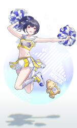 Rule 34 | 1girl, armpits, bare arms, black hair, blush, commentary request, cropped shirt, highres, holding, holding pom poms, idolmaster, idolmaster shiny colors, kneehighs, miniskirt, morino rinze, niac, open mouth, pom pom (cheerleading), pom poms, ponytail, red eyes, sailor collar, shirt, shoes, shorts, shorts under skirt, skirt, sleeveless, sleeveless shirt, socks, solo, white sailor collar, white shoes, white shorts, white socks, yellow shirt, yellow skirt
