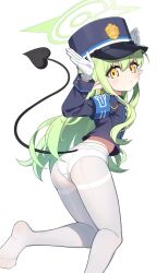 1girl :| armband ass blue_archive blue_armband blue_hat blue_jacket closed_mouth commentary demon_tail earrings feet from_behind gloves green_hair halo hat highres hikari_(blue_archive) jacket jewelry kneeling knees_together_feet_apart light_blush loli long_hair long_sleeves looking_at_viewer mearyo no_pants panties panties_over_pantyhose pantyhose pointy_ears shako_cap simple_background single_earring soles solo tail thighband_pantyhose thighs toes underwear v-shaped_eyebrows wavy_hair white_background white_gloves white_panties white_pantyhose yellow_eyes