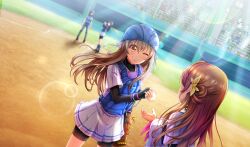 4girls arihara_tsubasa ball baseball baseball_(object) baseball_bat baseball_glove baseball_helmet baseball_stadium baseball_uniform bike_shorts_under_skirt black_footwear black_gloves black_hair black_shorts black_undershirt blue_shirt blurry bow brown_hair catcher_(baseball) chest_protector cinderella_series depth_of_field dutch_angle eye_contact fingerless_gloves game_cg gloves grey_pants grin hachigatsu_no_cinderella_nine hair_between_eyes hair_bow hair_ribbon helmet highres holding holding_ball holding_baseball_bat layered_sleeves lens_flare light_rays long_hair long_sleeves looking_at_another metal_baseball_bat multiple_girls neckerchief non-web_source official_art one_eye_closed orange_eyes outdoors pants pink_neckerchief pleated_skirt ribbon satogahama_baseball_uniform shiina_yukari_(hachigatsu_no_cinderella_nine) shirt shirt_under_shirt short_over_long_sleeves short_sleeves shorts skirt smile sportswear standing striped_clothes striped_shirt sunbeam sunlight sweat teeth umpire vertical-striped_clothes vertical-striped_shirt white_ribbon wristband yellow_bow