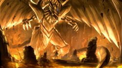 1boy cape chinese_commentary debris duel_monster glowing highres open_mouth outstretched_arm red_eyes silhouette spiked_hair standing the_winged_dragon_of_ra wenrq yami_marik yellow_theme yu-gi-oh! yu-gi-oh!_duel_monsters