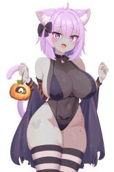 Rule 34 | 1girl, absurdres, animal ear fluff, animal ears, bat (animal), bat tattoo, bikini, black bikini, black leotard, black thighhighs, breasts, cat ears, cat girl, cat tail, cowboy shot, gabai, grey skirt, halloween, highres, hololive, horizontal-striped thighhighs, huge breasts, leotard, nekomata okayu, pubic tattoo, pumpkin, purple eyes, purple hair, purple tail, see-through clothes, see-through leotard, simple background, skirt, solo, swimsuit, tail, tattoo, thighhighs, two-tone thighhighs, variant set, virtual youtuber, white background, white thighhighs, zombie (vocaloid)
