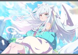1girl absurdres angel_wings animal_ears aqua_eyes bare_shoulders blue_sky blurry blurry_background blush border building cat_ears chestnut_mouth city cloud commission day depth_of_field dress feathered_wings feathers feet_out_of_frame floating_hair green_eyes heterochromia highres jacket letterboxed long_hair long_sleeves looking_at_viewer off_shoulder open_mouth original outdoors parted_lips puffy_long_sleeves puffy_sleeves red_eyes shiro9jira sitting skeb_commission sky solo triangle_mouth very_long_hair white_dress white_feathers white_hair white_jacket white_wings wings