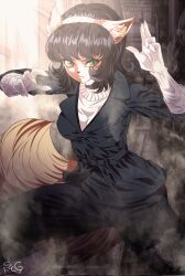 1girl animal_ears animal_nose black_hair breasts cat_ears cat_tail claws collared_bodysuit furry furry_female gabrielcor96697 gloves green_eyes hairband highres kitty_katswell medium_breasts medium_hair simple_background t.u.f.f._puppy tail turtleneck white_gloves white_hairband