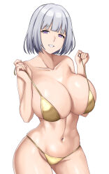 1girl bikini breasts cleavage cowboy_shot cyka girls&#039;_frontline gold_bikini grey_hair highres large_breasts looking_at_viewer navel purple_eyes rpk-16_(girls&#039;_frontline) short_hair smile solo strap_pull swimsuit untied_bikini_top white_background