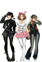 3girls absurdres alternate_costume belt beret black_belt black_gloves black_hair black_pantyhose blunt_bangs blunt_ends boots braid breasts brown_eyes brown_hair chaosoded cleavage clothes_writing color_connection cosplay crop_top crossover crown_braid denim frog glasses gloves green_shirt hasunoue_keroppi hat headphones high_collar highres jacket jeans jewelry kero_kero_keroppi knee_boots kuromi kuromi_(cosplay) layered_skirt leather leather_jacket leather_shirt leather_skirt long_hair long_sleeves looking_at_viewer multiple_girls my_melody my_melody_(cosplay) necklace niijima_makoto okumura_haru onegai_my_melody open_mouth orange_hair pants pantyhose persona persona_5 pink_skirt pleated_skirt red_eyes sakura_futaba sanrio shirt short_hair sidelocks simple_background skirt smile t-shirt triforce_necklace visor_cap wavy_hair white_background white_belt white_pants white_pantyhose white_shirt
