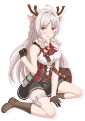 1girl absurdres ahoge animal_ears antler_ornament antlers bag between_legs black_gloves black_skirt blush boots braid breasts brown_bag brown_boots cross-laced_clothes deer_antlers deer_ears framed_breasts full_body gloves grey_hair hair_over_shoulder hand_between_legs highres horns knee_boots kneeling lace-up_boots long_hair looking_at_viewer louise_marie medium_breasts on_ground open_mouth pleated_skirt princess_connect! red_eyes red_shirt shirt shoulder_bag shoulder_strap side_braid simple_background skirt sleeveless sleeveless_shirt solo striped_clothes thigh_strap vertical-striped_clothes vial white_background white_trim winterline
