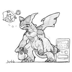 bag closed_mouth dragon full_body gen_5_pokemon greyscale holding holding_bag knhb_tail legendary_pokemon monochrome nintendo no_humans pokemon pokemon_(creature) pokemon_focus reshiram simple_background sketch standing sweat thinking vending_machine white_background zekrom