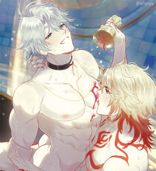 2boys abs antenna_hair black_choker blonde_hair blue_eyes blush braid chest_tattoo choker commentary cup english_commentary gradient_hair hair_between_eyes hand_in_another&#039;s_hair holding holding_another&#039;s_arm holding_cup honkai:_star_rail honkai_(series) k0shpy large_pectorals licking male_focus medium_hair multicolored_hair multiple_boys muscular muscular_male mydei_(honkai:_star_rail) nude open_mouth pectorals phainon_(honkai:_star_rail) pouring pouring_onto_self red_hair red_tattoo short_hair shoulder_tattoo side_braid tattoo white_hair yaoi yellow_eyes