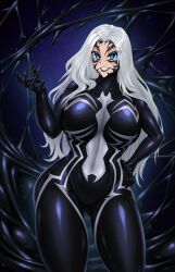 absurdres black_cat_(marvel) blue_eyes bodysuit breasts cleavage corruption highres large_breasts latex rikatsuky symbiote venom_(marvel)