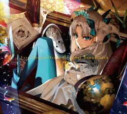 1girl album_cover animal aqua_bow aqua_pantyhose asymmetrical_footwear asymmetrical_legwear black_horns blonde_hair blue_eyes book bow box bubble cone_horns cover curled_horns ereshkigal_(fate) fate/grand_order fate_(series) fish fish_tank globe hair_bow highres horns in_box in_container indoors long_hair looking_at_viewer mismatched_footwear mismatched_legwear morii_shizuki multicolored_horns official_art open_book pantyhose parted_bangs phonograph plant puff_and_slash_sleeves puffy_sleeves second-party_source sitting smile solo space_ereshkigal_(fate) space_ereshkigal_(third_ascension)_(fate) treasure_chest tube two_side_up water