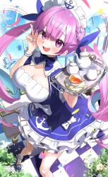 1girl :d ahoge anchor_print anchor_symbol ankle_cuffs aqua_hair blue_bow blue_bowtie blue_dress blue_ribbon blue_shoes blunt_bangs bow bowtie braid breasts checkered_floor cleavage cleavage_cutout clothing_cutout colored_inner_hair commentary_request cup dress dress_bow drill_hair falling_petals fanged_bangs footwear_bow framed_breasts frilled_dress frills hair_ribbon hands_up highres holding holding_tray hololive kito_koruta large_breasts long_hair looking_at_viewer maid_headdress mary_janes minato_aqua minato_aqua_(1st_costume) multicolored_hair open_mouth petals pink_hair puffy_short_sleeves puffy_sleeves ribbon shoes short_dress short_sleeves smile solo standing streaked_hair tea teacup teapot tray twin_drills twintails two-tone_hair v virtual_youtuber watermark white_bow wrist_cuffs