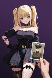 Rule 34 | 1girl, ani (xai), arm behind back, bare shoulders, black dress, black gloves, black thighhighs, blonde hair, blue eyes, blush, breasts, closed mouth, commentary, dress, english commentary, fishnet thighhighs, fishnets, gloves, green hat, green shirt, hair tie, hand on own hip, hat, highres, holding, holding photo, large breasts, long hair, military uniform, off-shoulder dress, off shoulder, peaked cap, photo (object), shaded face, shirt, short sleeves, sidelocks, smile, thighhighs, twintails, twitter, zero (73ro)