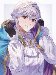 1boy ascot black_gloves blue_cape brown_eyes cape closed_mouth fire_emblem fire_emblem_awakening fire_emblem_heroes frilled_shirt frills gloves hands_up highres long_sleeves looking_to_the_side male_focus male_robin_(exalt&#039;s_deliverer)_(fire_emblem) male_robin_(fire_emblem) nintendo official_alternate_costume purple_cape shirt short_hair smile solo tomo_shirasu upper_body white_ascot white_hair white_shirt
