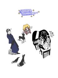 Rule 34 | 3boys, absurdres, animal, ascot, bird, black coat, black hair, black pants, blonde hair, cape, chibi, coat, collared shirt, deer, dog, fullhll, grey hair, highres, instrument, isurugiratone, koromoya, long coat, long hair, male focus, melty blood, michael roa valdamjong, multiple boys, music, nrvnqsr chaos, pants, piano, playing instrument, playing piano, red eyes, sharp teeth, shirt, sitting, smile, teeth, tsukihime, very long hair, wallachia, white background, white shirt