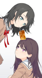 2girls 3: absurdres aqua_eyes bang_dream! bang_dream!_it&#039;s_mygo!!!!! black_hair bow bowtie box_on_head commentary drinking drinking_straw drinking_straw_in_mouth from_side gradient_background hanasakigawa_school_uniform highres juice_box light_blush long_hair medium_hair mole mole_under_eye multiple_girls object_on_head purple_eyes red_bow red_bowtie sailor_collar school_uniform serafuku shenqi_de_(9) shiina_taki simple_background white_background white_sailor_collar yahata_umiri