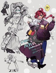 !? 2girls artist_name black_hairband black_shoes blue_eyes blue_pants blush commentary_request dated grey_background grey_jacket gundam gundam_suisei_no_majo hair_bun hairband highres izumiya_otoha jacket long_hair long_sleeves miorine_rembran multiple_girls open_mouth pants purple_jacket purple_skirt red_hair shared_clothes shared_jacket shoes simple_background skirt speech_bubble spoken_interrobang suletta_mercury thick_eyebrows twitter_username white_hair white_shoes yuri