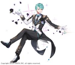 1boy black_flower black_jacket black_pants black_rose black_shoes black_socks blue_bow blue_bowtie blue_vest boutonniere bow bowtie bug butterfly commentary crossed_legs dress_shoes earrings esker_(king&#039;s_raid) flower full_body gloves gold_bowtie gold_trim green_hair grey_eyes groom hwansang_jungdog insect jacket jewelry king&#039;s_raid looking_at_viewer official_alternate_costume official_art pants petals rose shoes silver_trim simple_background single_earring smirk socks solo sparkle striped_bow striped_bowtie striped_clothes suit_jacket tailcoat vest wedding_suit white_background white_gloves white_jacket white_shoes